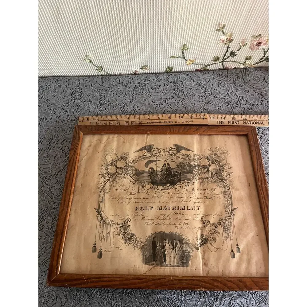 Antique Victorian Holy Matrimony Marriage Certificate Framed Design 1880s PA